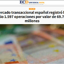 El mercado transaccional espaol registr hasta julio 1.597 operaciones por valor de 69.794 millones